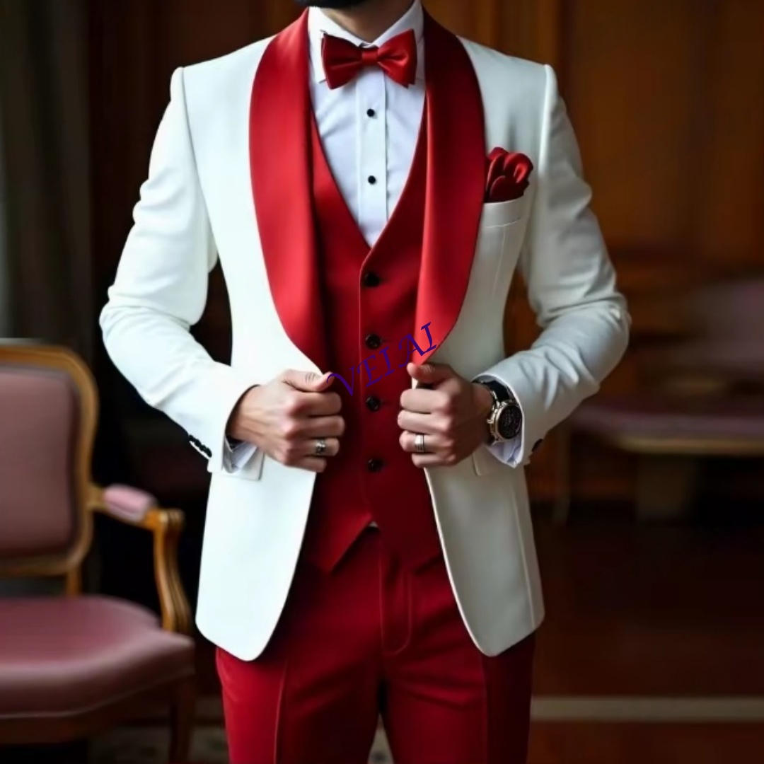 Men'S Formal Wear For A Wedding - CustomizedNew White And Red Men Suit