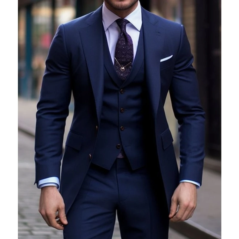 Men'S Formal Wear In Wedding - Navy Blue 3 Pieces Casual Male